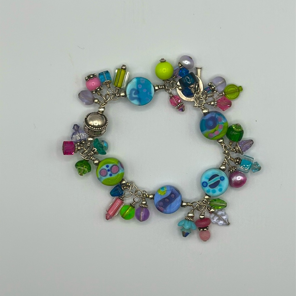 Artisan hand blown glass bead, freshwater pearl, crystal, & silver bracelet.